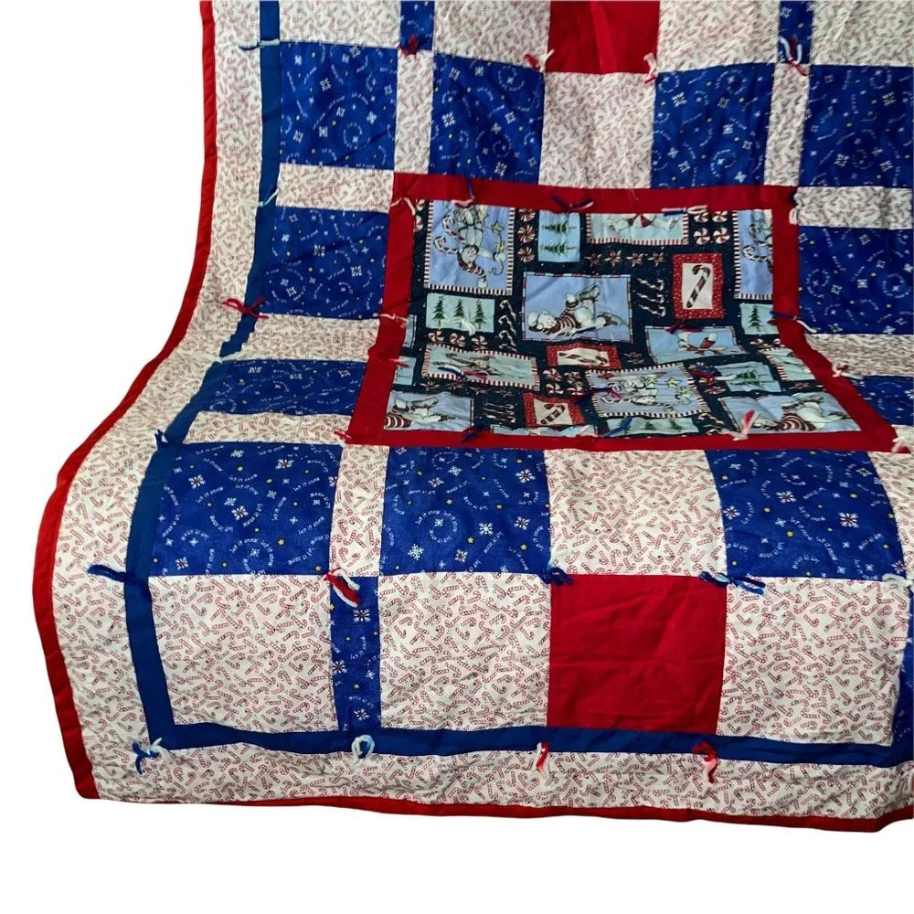 Vintage Handmade Hand Crafted Granny Square Quilt Christmas Holiday 57 X 44